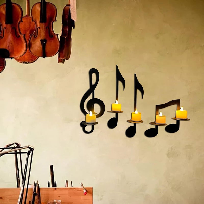 MANMAOHE Black Music Note Wall Sconce Metal Wall Sconce Candle Holder Set of 4 Wall Mount Tea Light Candle Holders Musical Symbol Candle Holder Rack for Home Office Classroom - Image 2